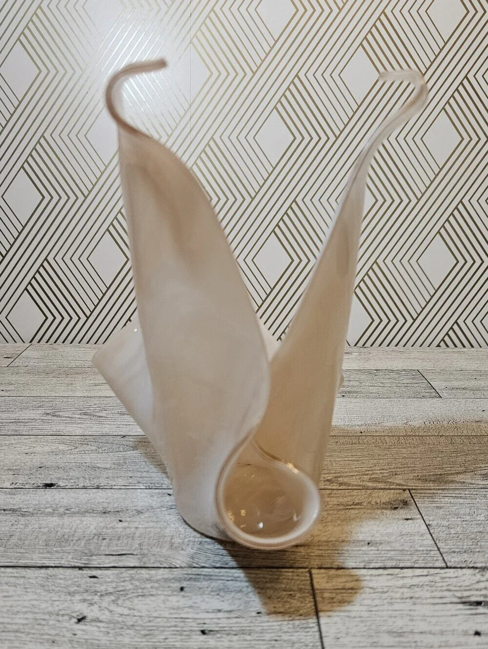 Handkerchief  Vase Candle Holder Abstract Pink And White Swirl Glass